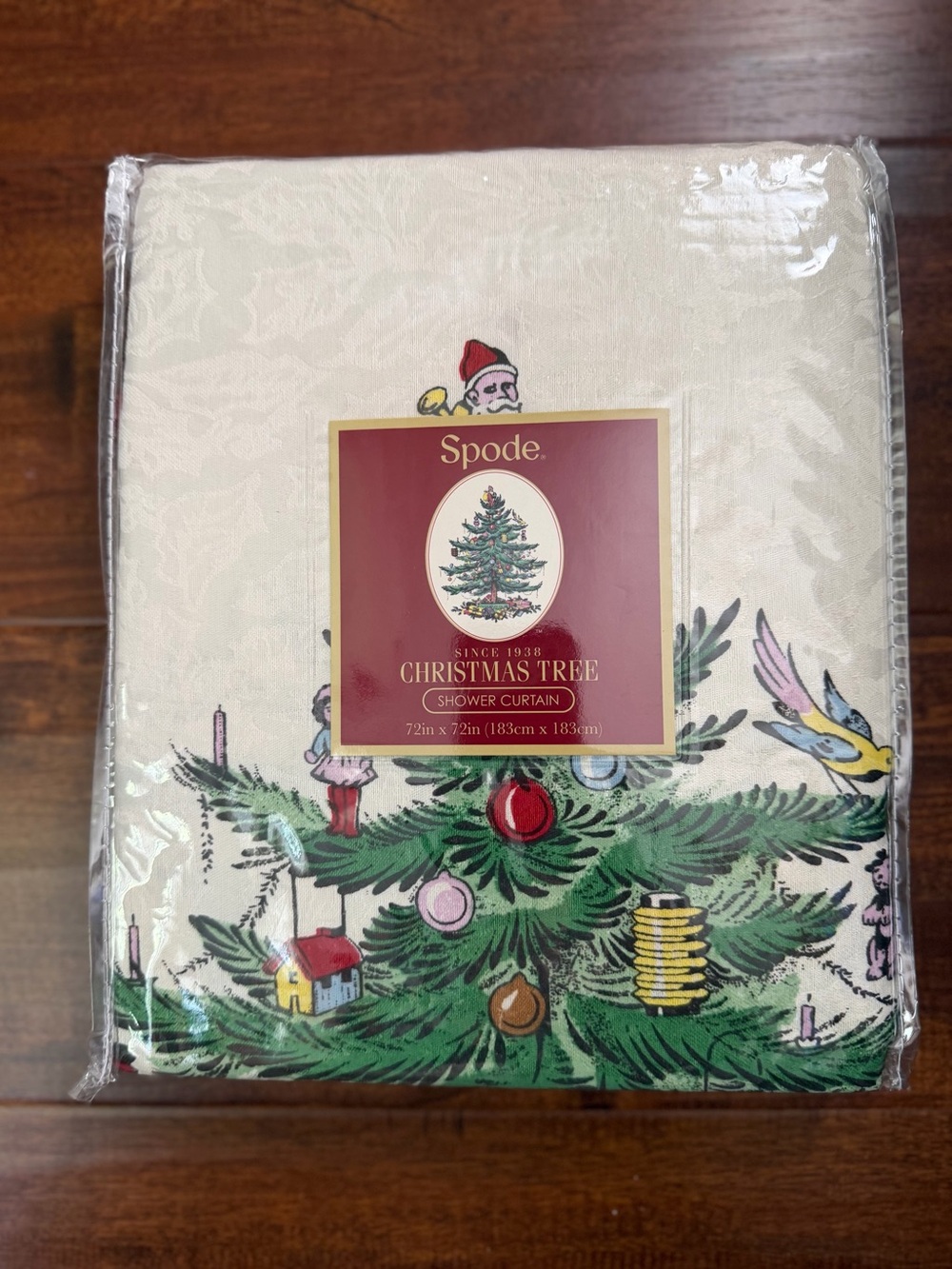 Spode Cream Christmas Tree Shower Curtain with Green Tree and Multicolor Accents